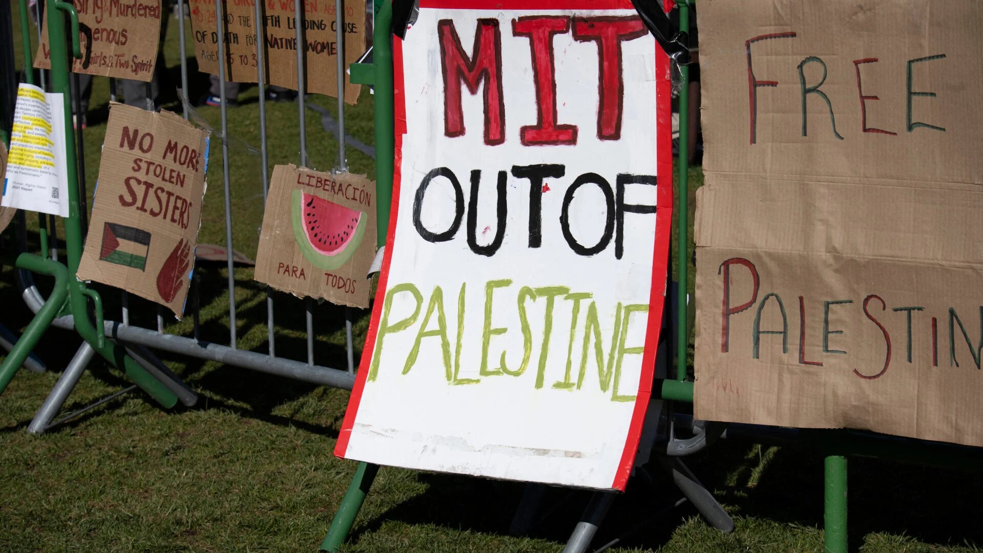 Signs are pictured at a pro-Palestinian encampment on the lawn of the Stratton Student Center campus at the Massachusetts Institute of Technology (MIT) in Cambridge, Massachusetts, on 9 May 2024 (Rick Friedman/AFP)