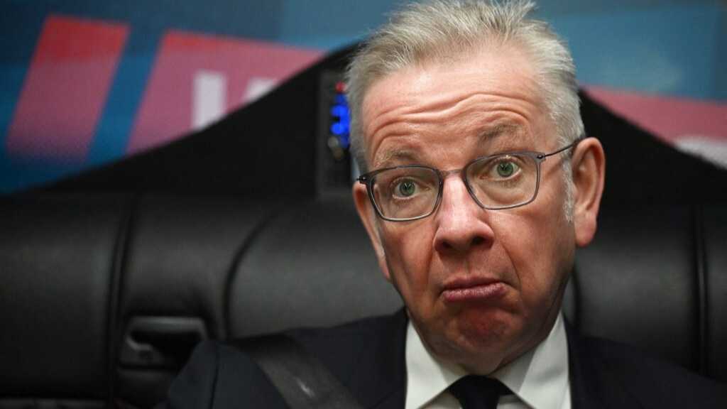 Michael Gove in his final days in government in the Cosnervative Party campaign bus on 20 June 2024. (AFP)