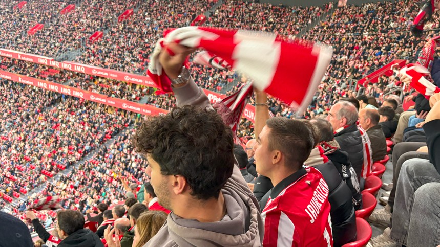 Supporters of Athletic Club cheer on their team during a football match at the San Mames stadium in January 2026 (Azad Essa/MEE)