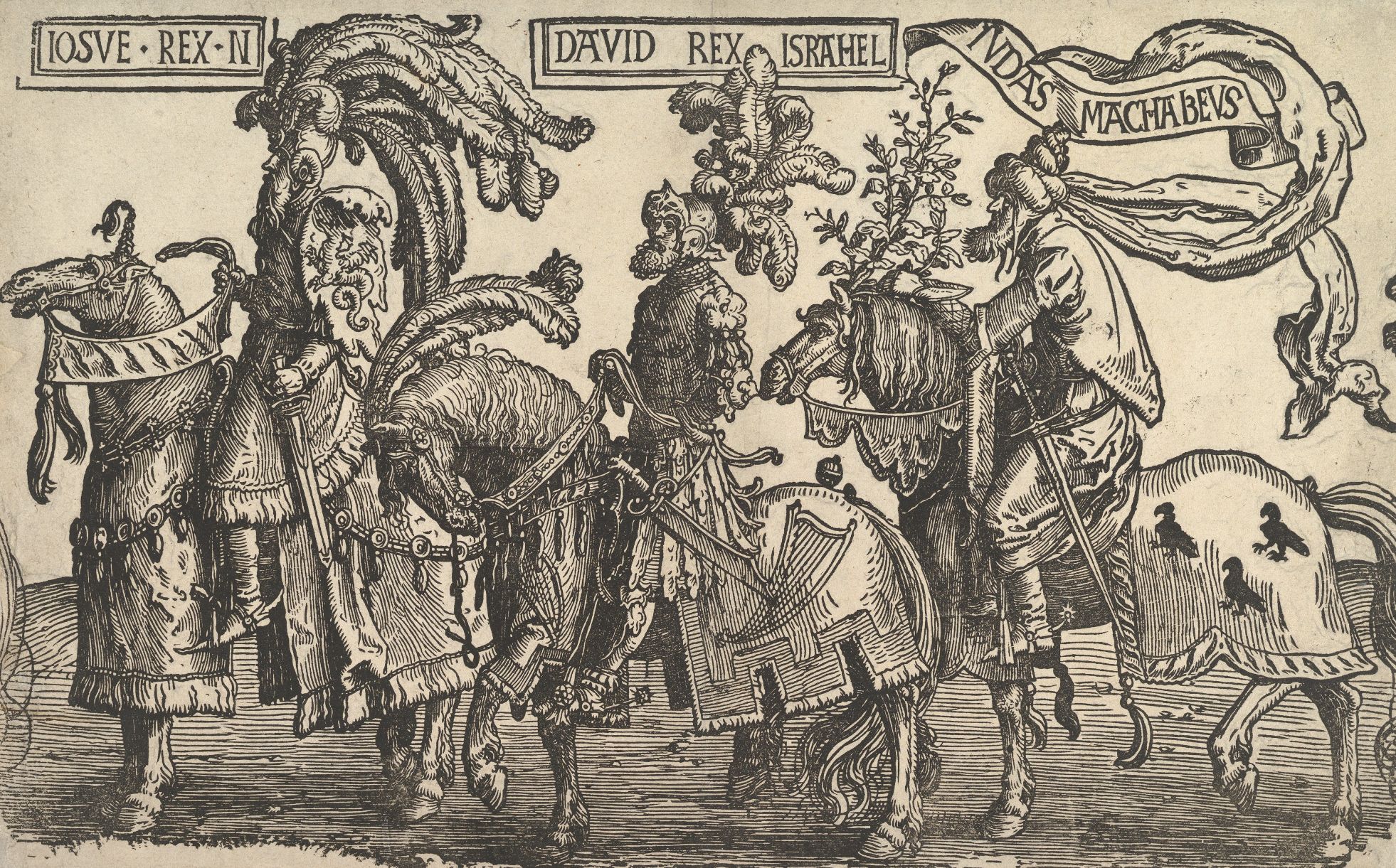 Joshua, David, and Judas Maccabee, from The Nine Heroes&nbsp;is a wood cutting by Lucas van Leyden created around1520 and now on display at The Metropolitan Museum of Art in New York (Creative Commons/The Metropolitan Museum of Art)