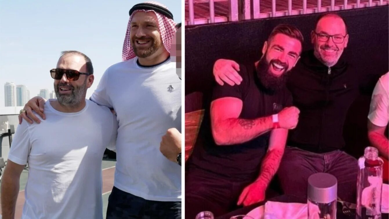 Left: Christy Kinahan with Tyson Fury in Dubai, February 2022; right: Irish boxer Jono Carroll with Kinahan at the Emirates Golf Club in Dubai, February 2022 (Bellingcat/zaidikhan/jono_carroll)