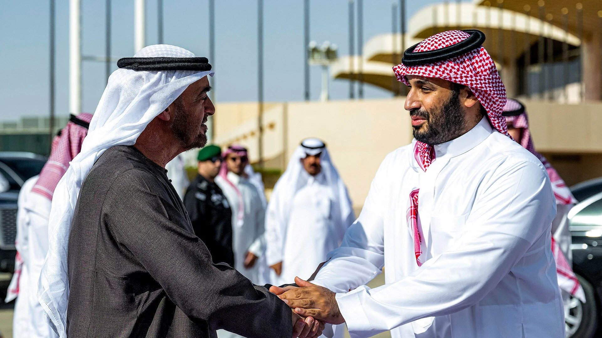 Saudi Crown Prince Mohammed bin Salman shakes hands with UAE President Mohamed bin Zayed at King Khalid International Airport in Riyadh on 3 September 2025 (AFP/Abdulla Al-Bedwawi/UAE Presidential Court)