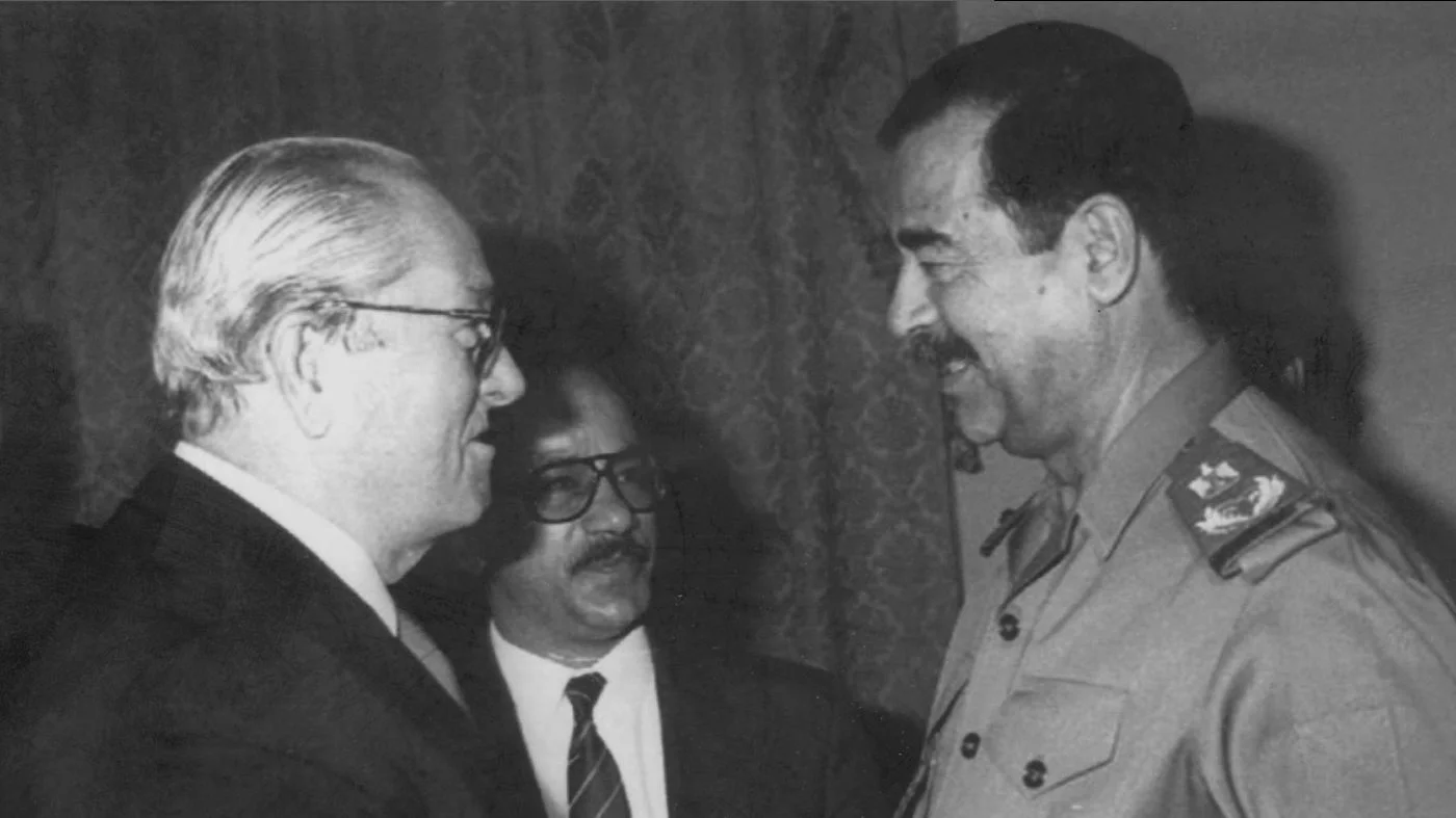 Iraqi President Saddam Hussein meets with National Front leader Jean-Marie Le Pen in Baghdad on 19 May 1996 (AFP)