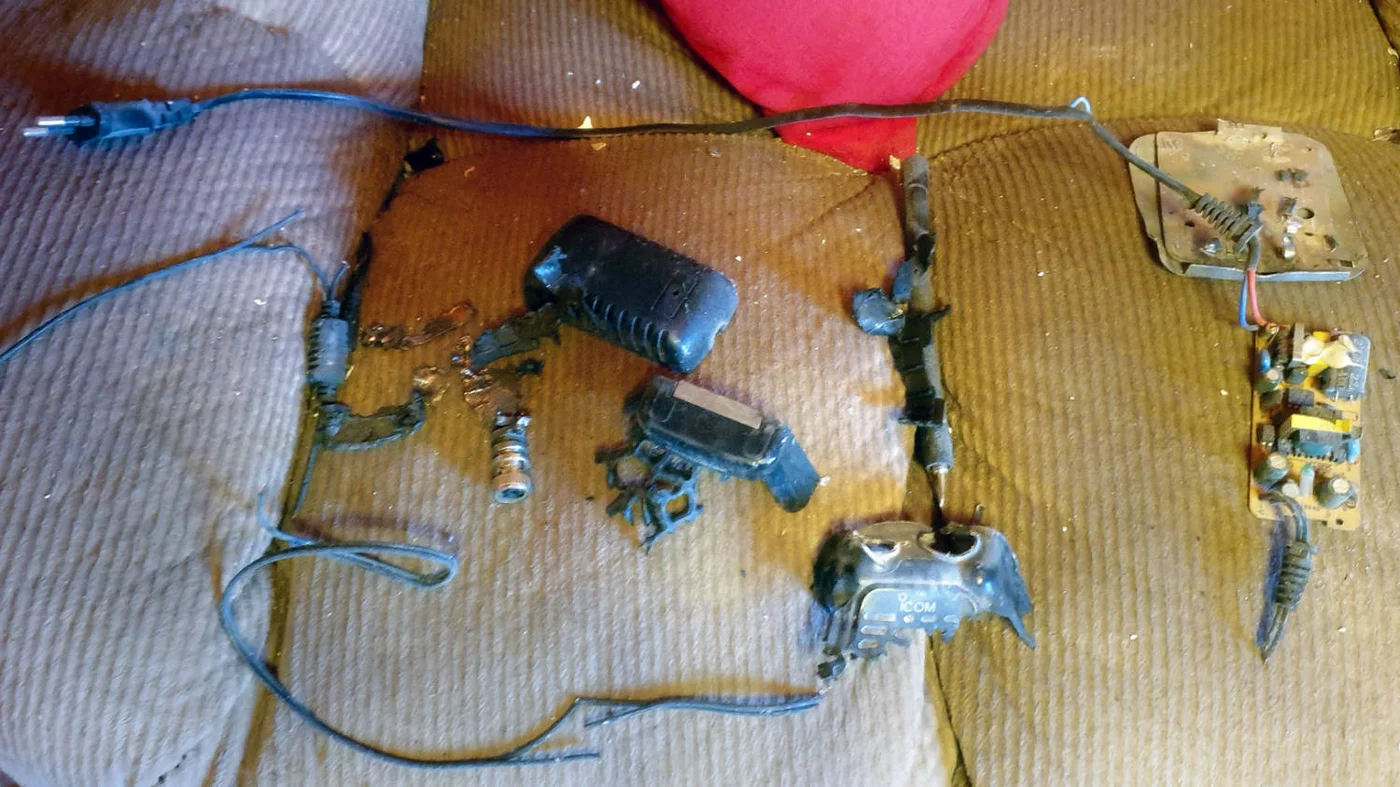 An exploded walkie-talkie device on 18 September 2024 inside a house in Baalbek, Lebanon