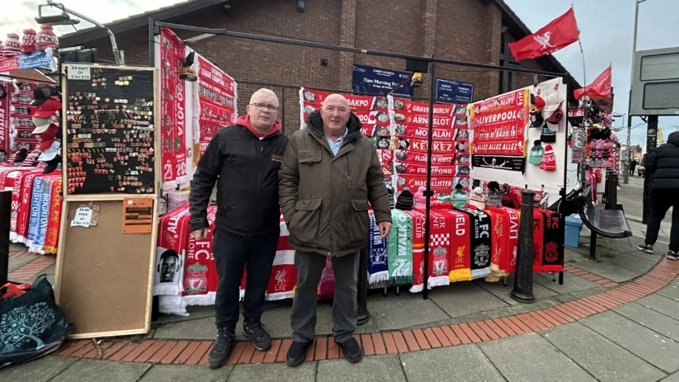Peter (l) and Phil (r), Liverpool fans, pictured outside Anfield stadium, 13 December 2025 (Oscar Rickett/MEE)