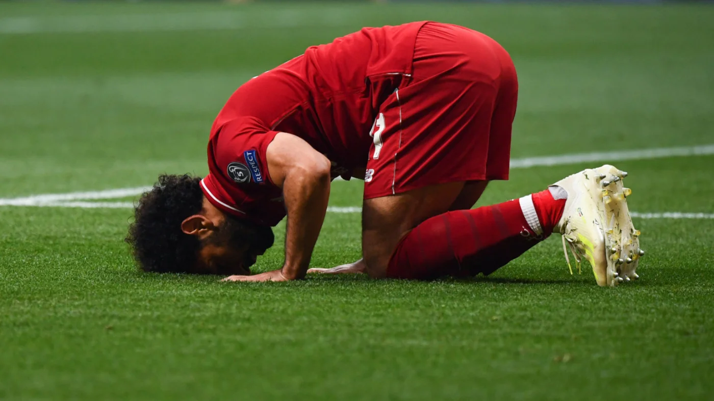 Mohamed Salah performs sujud after scoring the first goal in the 2019 Champions League Final, a match that Liverpool went on to win (AFP)