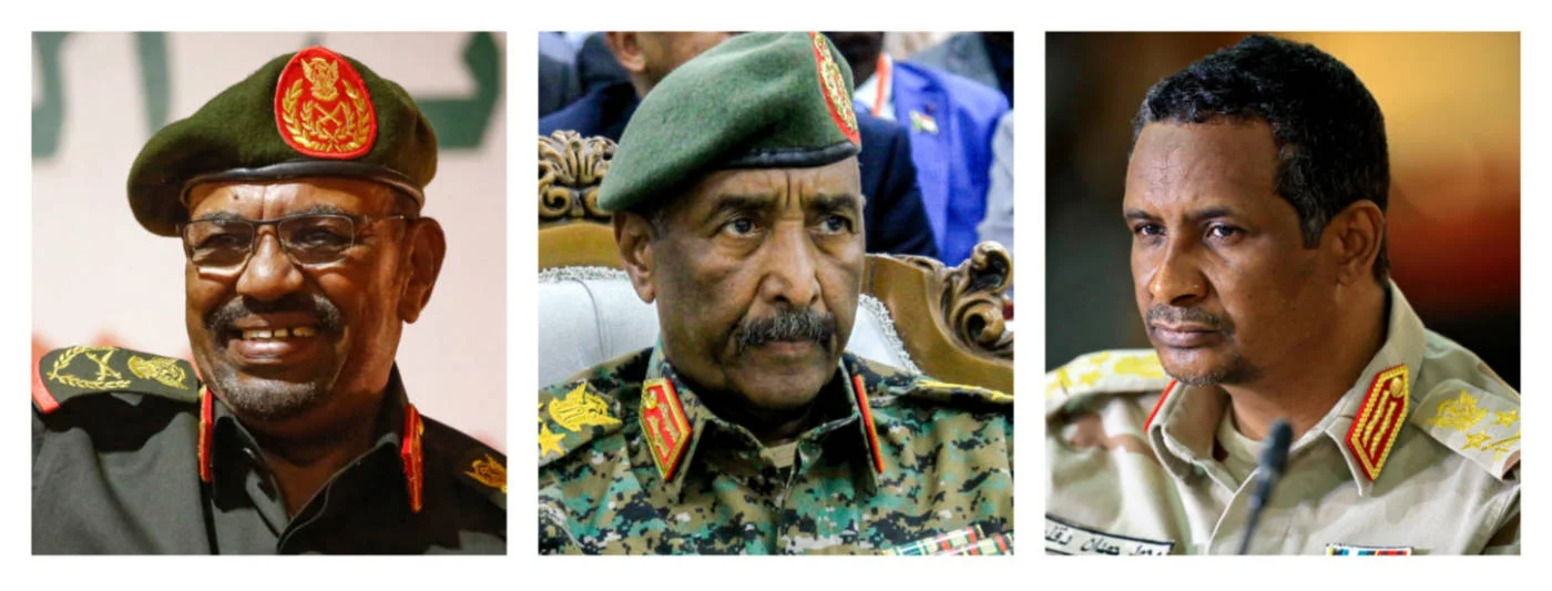 From left: Former Sudanese President Omar al-Bashir; army chief Abdel Fattah-al-Burhan; and RSF leader Hemedti (all AFP)