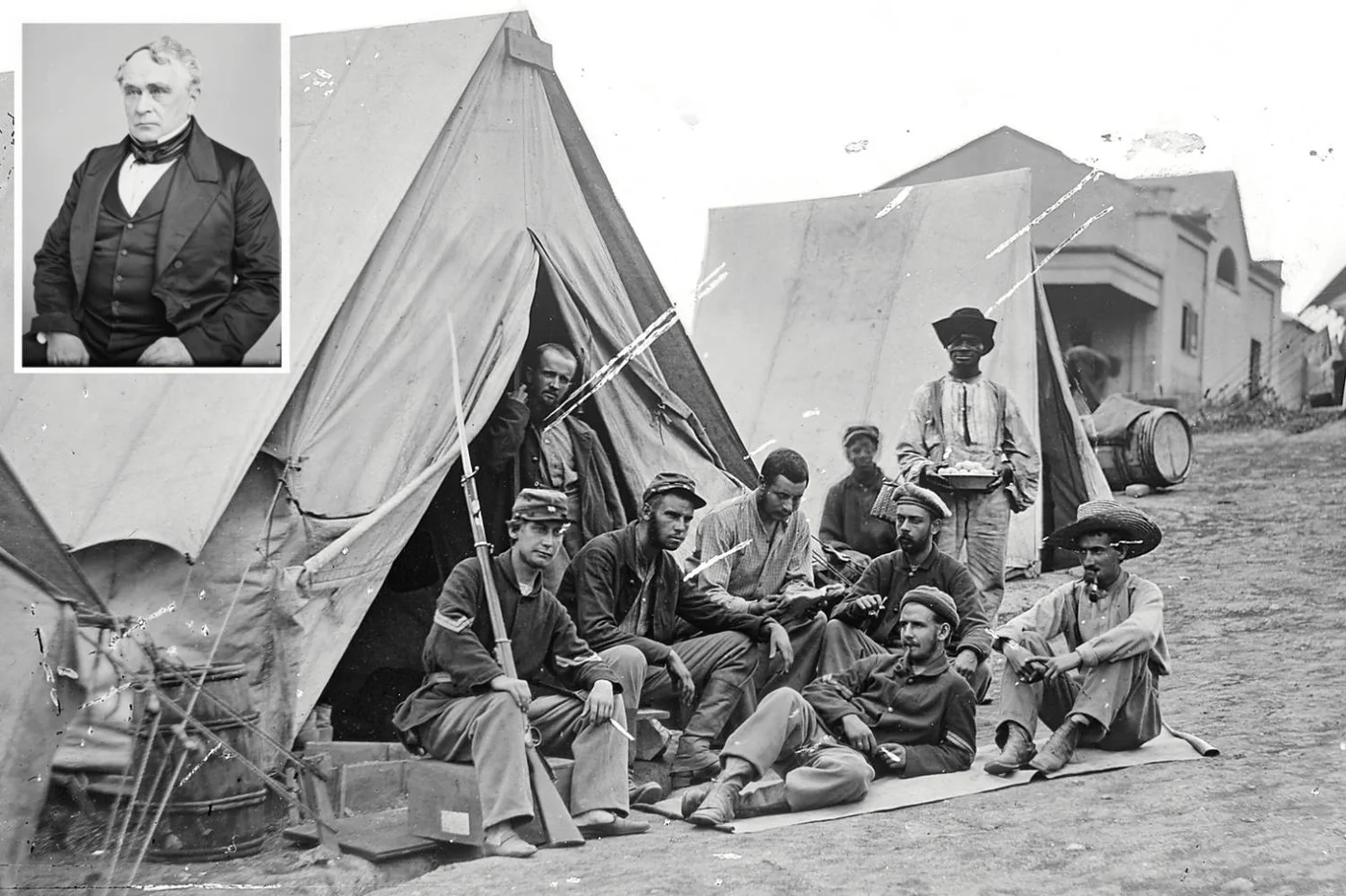 Francis Lieber (inset) drew up the first code to address the treatment of non-combatants among others. It was issued in 1865 to members of the Union army during the US Civil War (National Archives)