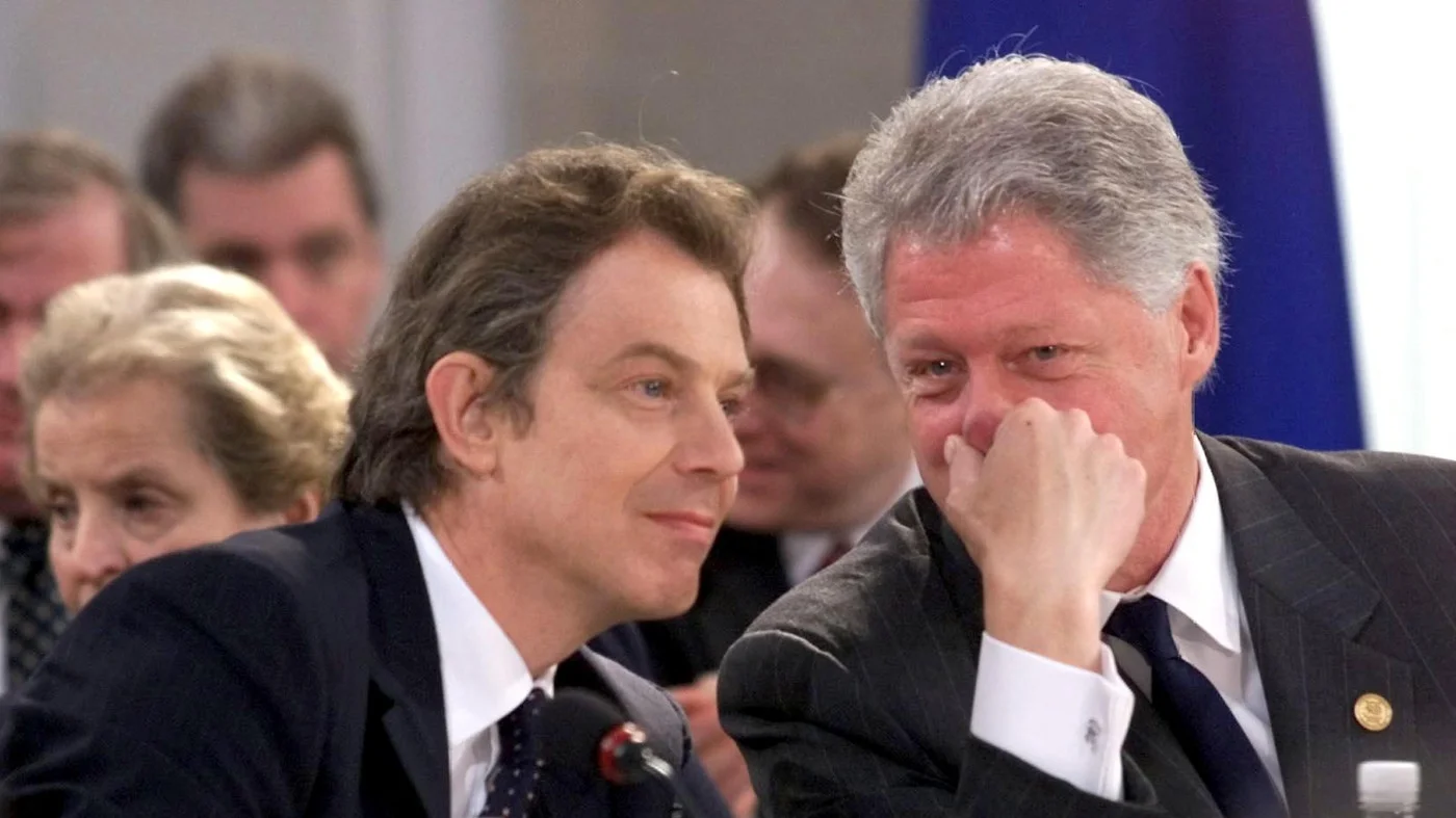 US President Bill Clinton with British Prime Minister Tony Blair during opening talks on Kosovo at the 50th NATO Summit on 23 April 1999 in Washington (AFP)